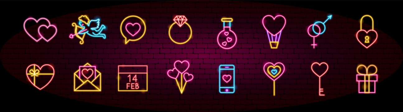 Happy Valentines Day Neon Objects. Vector Illustration of Glowing Led Lamp Love Romance Holiday Icons. Big Symbols Set. Heart, Wedding, Couple.