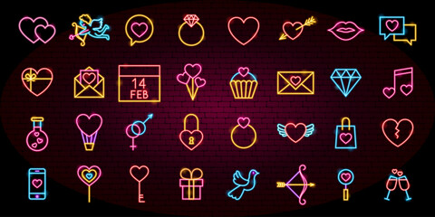 Fototapeta premium Love Valentines Day Neon Objects. Vector Illustration of Glowing Led Lamp Romance Holiday Icons. Big Symbols Set. Heart, Wedding, Couple.