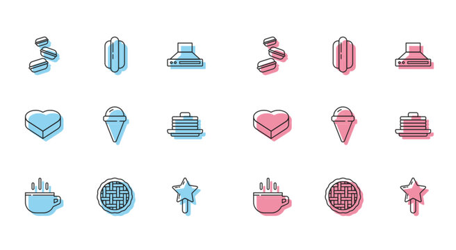 Set line Coffee cup, Homemade pie, Macaron cookie, Lollipop, Ice cream in waffle cone, Stack pancakes, Candy heart shaped box and Hotdog sandwich icon. Vector