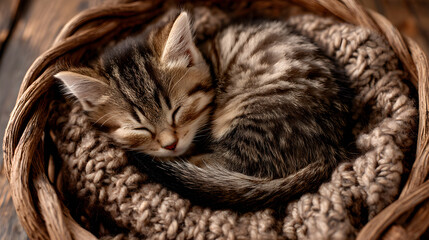 Naklejka premium Sleeping cute tabby kitten curled up in wicker basket on soft brown blanket indoors at home