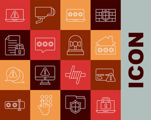 Set line Laptop and lock, Credit card, House with password, Password protection, Document, exclamation mark and Flasher siren icon. Vector