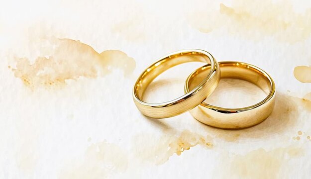 interlocking gold wedding bands on white watercolor textured background, rings overlapping in classic infinity symbol position
