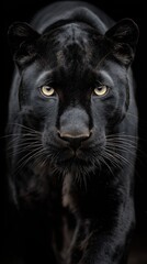 Black panther looking into the camera and ready to attack on black background. African wildlife concept
