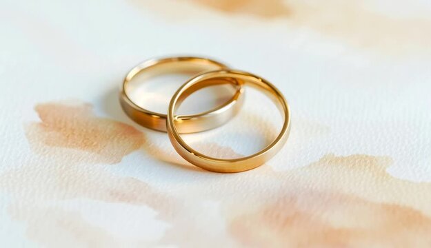 interlocking gold wedding bands on white watercolor textured background, rings overlapping in classic infinity symbol position
