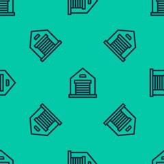 Fototapeta premium Blue line Warehouse icon isolated seamless pattern on green background. Vector