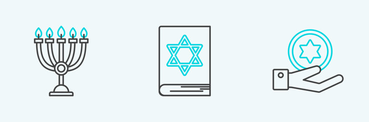 Fototapeta premium Set line Jewish coin on hand, Hanukkah menorah and torah book icon. Vector
