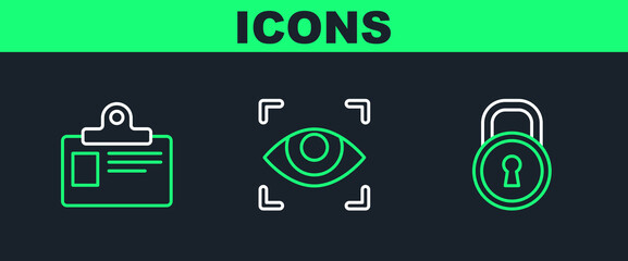 Set line Lock, Identification badge and Eye scan icon. Vector