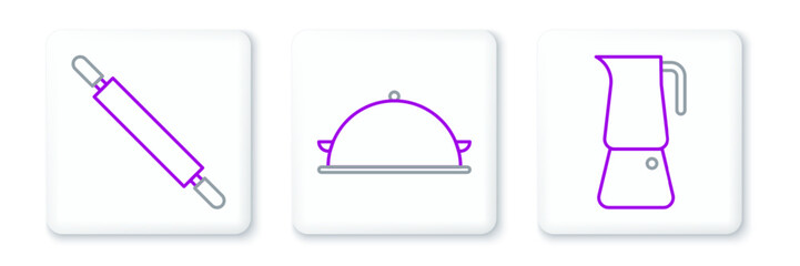 Fototapeta premium Set line Moka pot, Rolling pin and Covered with tray of food icon. Vector
