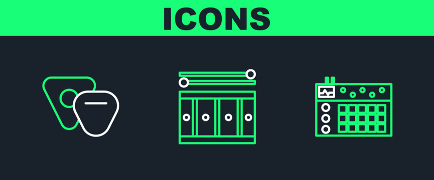 Set line Drum machine, Guitar pick and with drum sticks icon. Vector