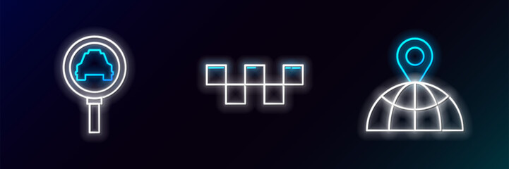 Fototapeta premium Set line Location on the globe, Magnifying glass and taxi car and Taxi roof icon. Glowing neon. Vector