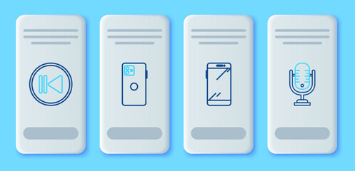 Set line Smartphone, mobile phone, Rewind and Microphone icon. Vector