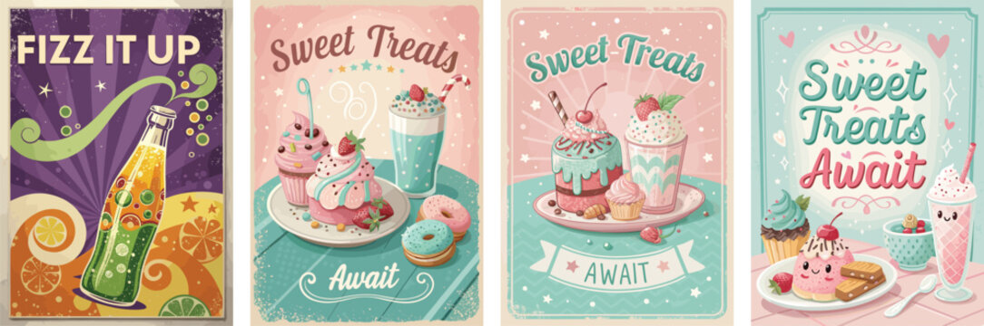 Colorful vintage illustrations of sweet treats and fizzy drinks in playful designs.