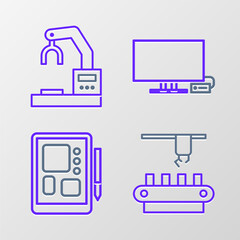 Set line Factory conveyor system belt, Graphic tablet, Smart Tv and Robotic robot arm hand factory icon. Vector