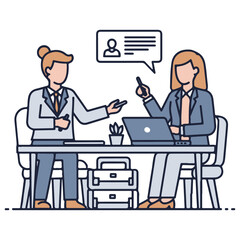 Flat Line Art Vector Illustration: Two Businesswomen Discussing at Desk.