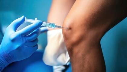 Medical professional administering an injection into a patients knee joint for pain relief and treatment.
