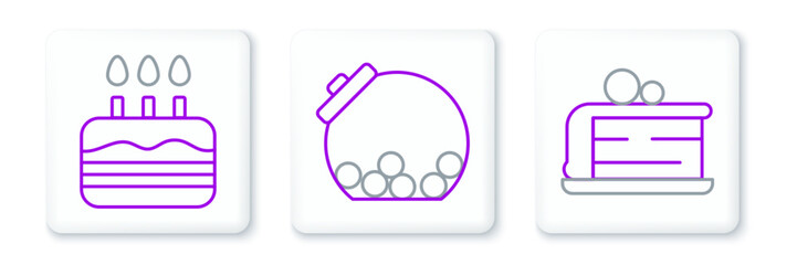 Obraz premium Set line Piece of cake, Cake with burning candles and Glass jar candies inside icon. Vector
