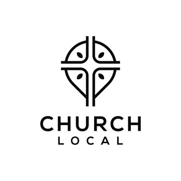 Floral flower map local christian cross crucifix for church logo design vector template