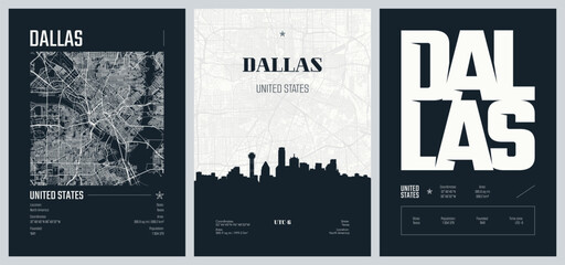 Naklejka premium Set of travel posters with Dallas, detailed urban street plan city map, Silhouette city skyline, vector artwork, set 2