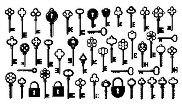 Golden Vintage Keys Icon Set Isolated Vector Illustration