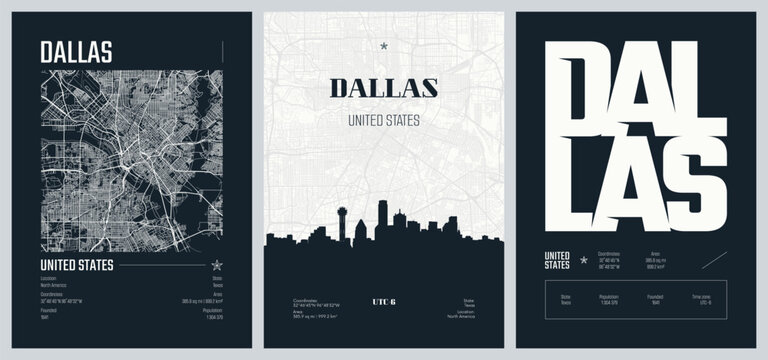 Set of travel posters with Dallas, detailed urban street plan city map, Silhouette city skyline, vector artwork, set 2