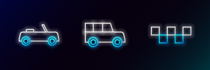 Set line Taxi car roof, Car and icon. Glowing neon. Vector