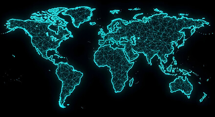 Glowing world map of interconnected digital networks with a futuristic aesthetic