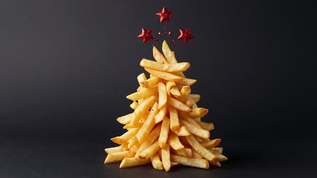 Montagne de frites en forme de sapin de noel et &eacute;toiles de ketchup sur fond noir.
