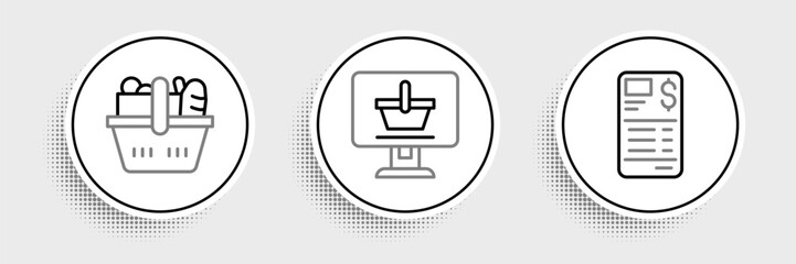 Set line Paper or financial check, Shopping basket and food and cart on computer icon. Vector