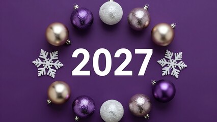 Christmas and New Year 2027 concept with festive baubles and snowflakes on purple background.