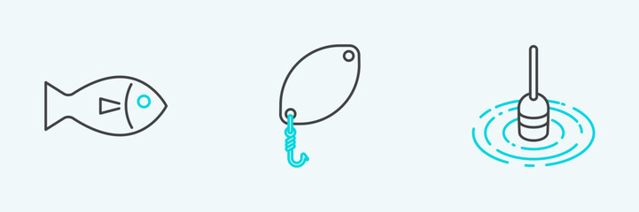 Set line Fishing float in water, and spoon icon. Vector © Oksana