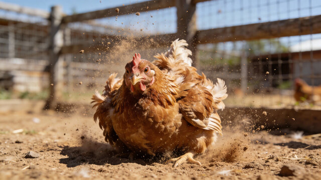 Brown chicken taking a dust bath in a farm yard.