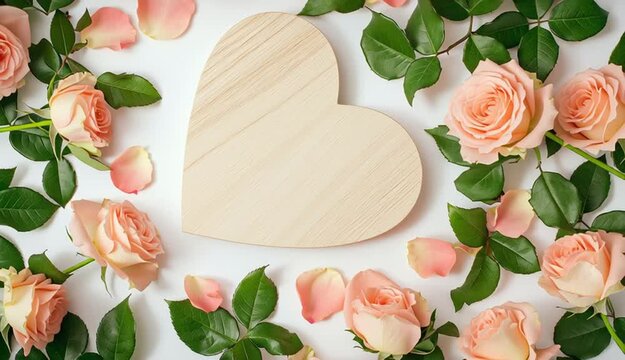 wooden heart-shaped frame in center surrounded by fresh pink roses and green leaves on white background, flat lay composition