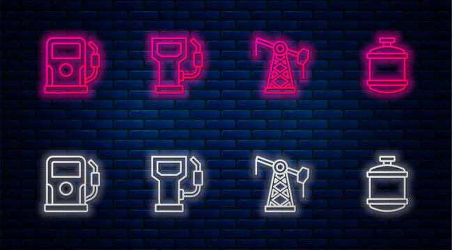 Set line Petrol or gas station, Oil pump pump jack, and Propane tank. Glowing neon icon on brick wall. Vector