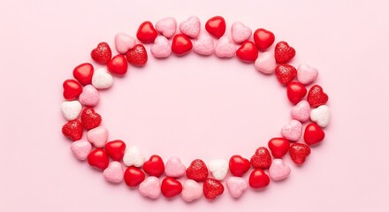 Obraz premium Vibrant heart-shaped candies arranged in a circular pattern
