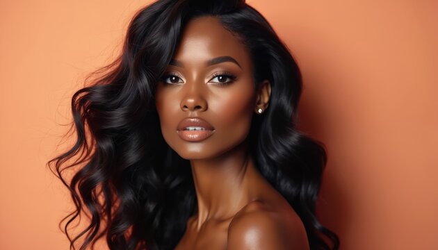 Beautiful black woman with voluminous wavy hair and perfect makeup. She poses confidently against an orange backdrop. Her style is elegant and sophisticated, ideal for beauty ads.