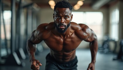 Fototapeta premium Muscular man with beard in gym focuses intensely. Athlete prepares for workout, showing strong body and abs. Fitness training, weight lifting, and healthy lifestyle.