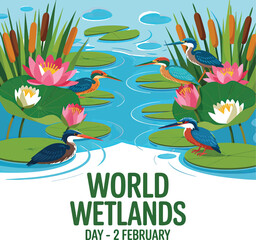 Vector illustration for World Wetlands Day showing vibrant birds, lotus flowers, and lush aquatic vegetation on February 2nd.