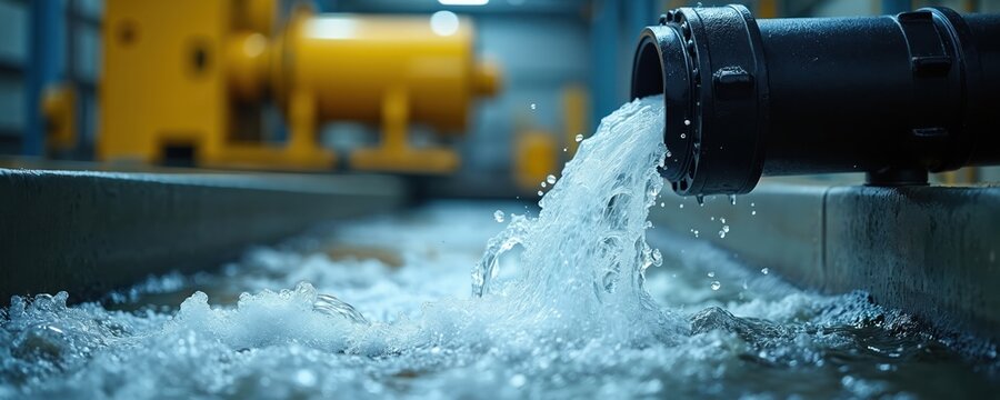 Water flows from a black pipe in an industrial area. Heavy machinery is visible in the background. The scene suggests water usage and management in industry.