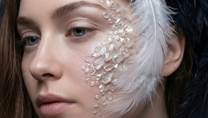Mystical Beauty Portrait with Crystal Face Gems and Feathers