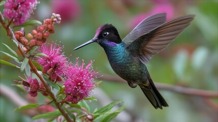 Fototapeta premium Vibrant hummingbird feeding on pink blossoms in lush greenery.