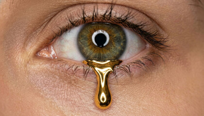 A Precious Tear: Macro Shot of an Eye Crying Molten Gold