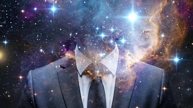 Surreal businessman in a suit with head dissolving into cosmic particles and light, symbolizing creativity, innovation, and mind expansion against a dark abstract background.