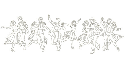 Fototapeta premium swing dance couples in energetic retro outline illustration for vintage party invitations event promotions and nostalgic lifestyle designs