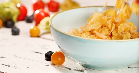 Animated Snapshot Capturing Crunchy Cereal Pieces And Milk Splashes In Contemporary Kitchen...