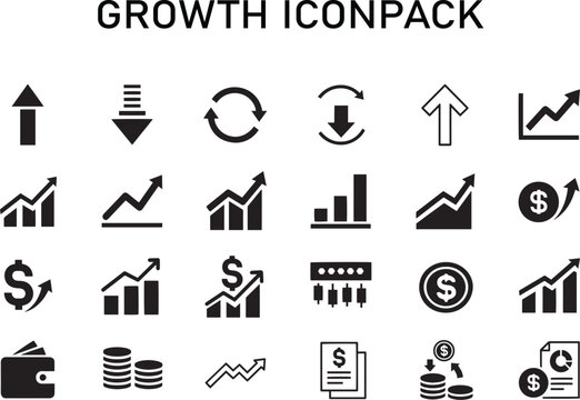 A collection of black and white growth icons for business and finance use