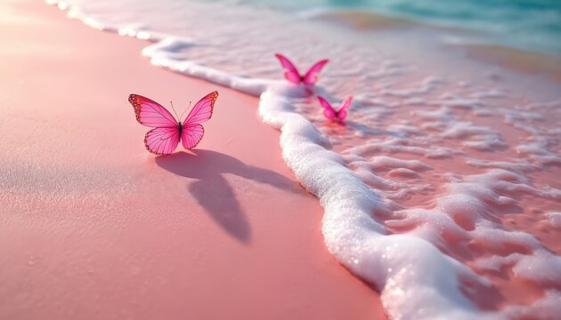 Pink butterflies fly near calm ocean water with white foam waves. Smooth pink sand beach forms background. Serene natural scene invites relaxation and wonder. Macro view.