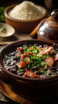 Hearty feijoada with sausage and rice, a traditional Brazilian stew served in a rustic bowl