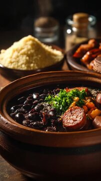 Hearty feijoada served in a rustic clay pot with sausage and farofa on the side