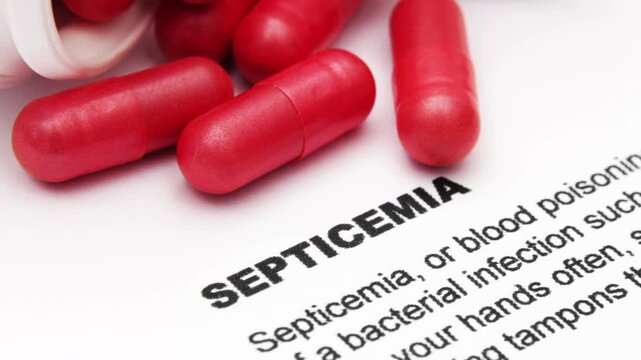 Medical Syringe Drawing Blood From Red Vial With Septicemia Warning On Paper