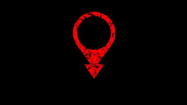 Distressed red map pin animation on black background, perfect for urban travel vlogs, rugged destination markers, and adventure-themed navigation video overlays.
